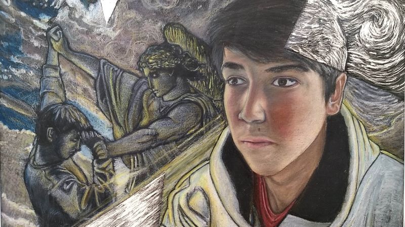 A teenager dreaming wrestling with an angel in grey and blue backdrop